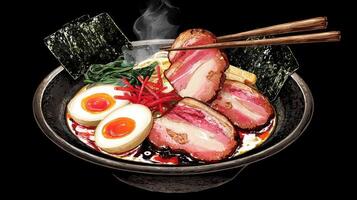 Delicious bowl of ramen with thick slices of meat, garnished with vegetables, eggs, and seaweed, steaming hot and inviting photo