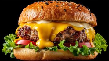 Juicy burger with melted cheese, fresh lettuce, tomato, and creamy sauce on a sesame seed bun, appetizing close-up shot photo