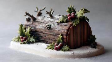 Festive winter decoration featuring a realistic log cake adorned with holly, berries, and a dusting of powdered sugar photo