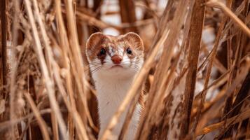 Curious Weasel Peeking Through Tall Grass and Dried Plants in a Natural Habitat During Winter Season photo