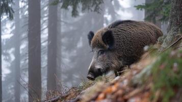 Wild boar resting in a misty forest clearing surrounded by tall trees and soft foliage creating a serene woodland atmosphere photo