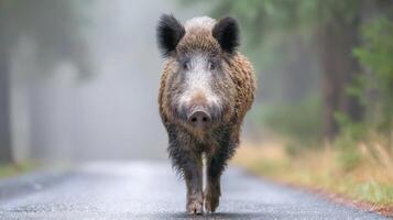Wild Boar Walking on a Forest Road with Fog and Soft Light in a Serene Natural Environment photo