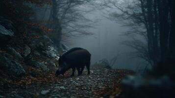 Wild boar foraging through misty forest path surrounded by rocks and autumn leaves under a mysterious atmosphere photo