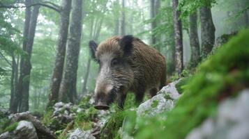 Wild boar walking through lush green forest with mist surrounding trees and moss-covered rocks in serene natural habitat photo