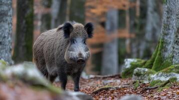Wild Boar in a Serene Forest Setting Surrounded by Fall Foliage and Lush Green Moss on Rocky Ground photo