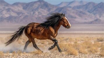 Majestic horse galloping through arid desert landscape with mountains in the background under clear blue sky photo