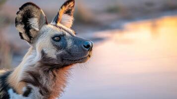 Majestic African Wild Dog Stands Gracefully by Water at Sunset, Showcasing Unique Fur and Expressive Features photo