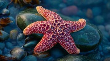 Vibrant Red Starfish Resting on Smooth Pebbles Under Clear Water of Coastal Shoreline in Natural Marine Habitat photo