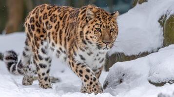 Elegant leopard walking through a snowy landscape showcasing stunning fur patterns and intense gaze in winter scenery photo