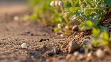 Close-Up of an Ant Crawling on the Ground Next to Green Plants in a Natural Outdoor Environment During Golden Hour photo