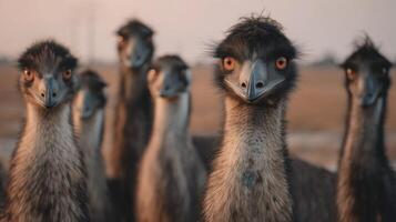 Group of Emus Observing the Environment in Their Natural Habitat at Sunrise with Warm Soft Light and Gentle Hills in Background photo