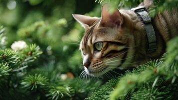 Curious domestic cat exploring lush green foliage, showcasing vibrant fur patterns and intricate expression in natural habitat photo