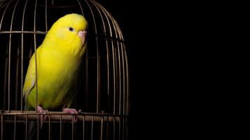 Bright Yellow Bird in a Vintage Cage Set Against a Dark Background, Capturing Serenity and Beauty in Nature photo
