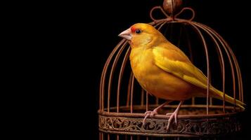 Vibrant Yellow Bird in Ornate Vintage Cage with Dark Background Capturing Nature's Beauty and Delicate Details photo