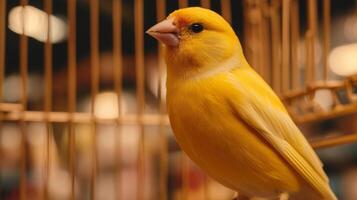 Close-up of a Bright Yellow Canary Perched in a Cage with Soft Background and Bokeh Effect for Nature and Pet Themes photo