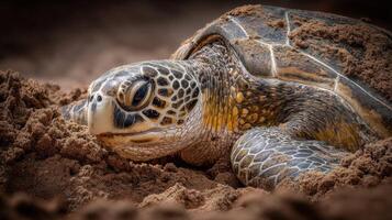 Close-Up of a Sea Turtle Resting on Sandy Beach with Texture of Sand and Water in Background for Nature Conservation Themes photo
