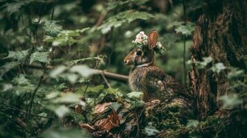 Adorable rabbit with flower crown resting among green foliage in a tranquil forest environment, showcasing nature's beauty photo