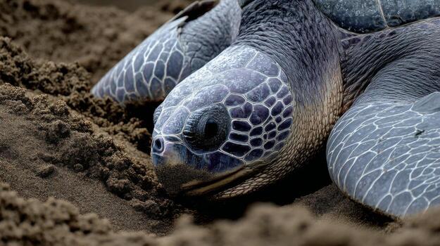 de cerca de mar Tortuga en arenoso playa, destacando intrincado cáscara patrones y único caracteristicas en natural habitat foto