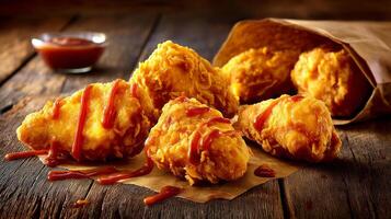 Crispy Fried Chicken Pieces with Tangy Sauce on Rustic Wooden Table Surrounded by Paper Bag and Sauce Dish photo