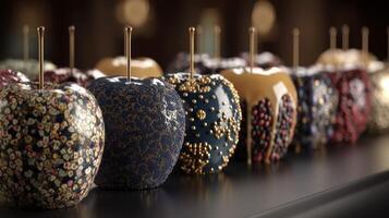 Artistic Display of Colorful Decorative Apples with Unique Patterns and Textures on a Dark Surface in Soft Lighting photo