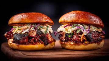 Delicious Barbecue Sandwiches with Tender Pulled Pork and Fresh Coleslaw on Soft Buns in Gourmet Presentation photo