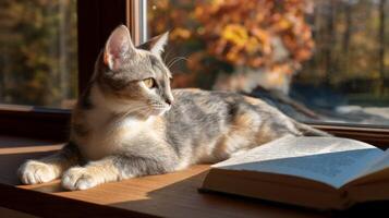 Playful Cat Resting on Window Sill with Open Book and Autumn Foliage in Background, Soft Lighting and Cozy Vibes photo