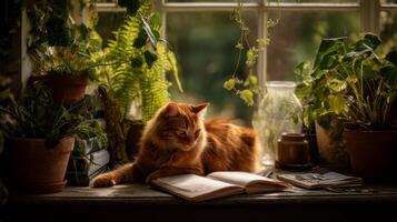Cozy orange cat lounging by the window surrounded by lush green plants and an open book capturing serene indoor tranquility photo