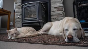 a dog and cat laying on a rug in front of a fireplace photo