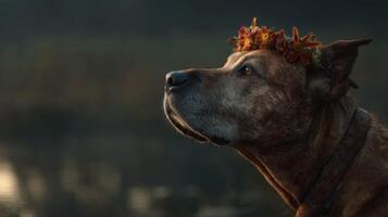 Brown dog wearing flower crown gazes thoughtfully into the distance in serene outdoor setting with soft evening light photo