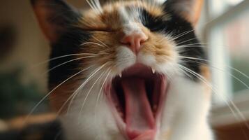 Close-Up of a Calico Cat Yawning with a Playful Expression in a Bright Indoor Setting photo