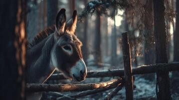 Serene Donkey in Forest at Twilight with Soft Light Filtering Through Trees and Highlighting Natural Beauty photo
