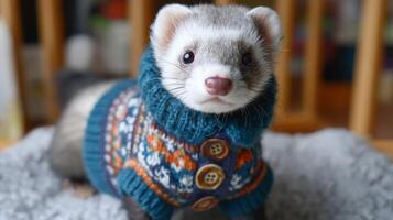 Cute ferret wearing a cozy sweater with buttons in a warm indoor setting surrounded by soft textures and colorful backgrounds photo