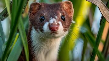 Close-Up of a Cute Weasel Poking Its Head Through Lush Green Grass and Plants in Natural Habitat photo