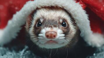 Cute Ferret Peeking Out from Under a Cozy Red Christmas Blanket with Cheerful Expression and Holiday Spirit photo