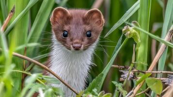 Curious small mammal peeking through green grass with bright eyes and soft fur in natural outdoor habitat photo