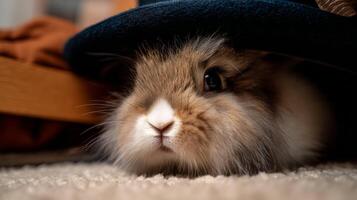 Cute and Curious Bunny Hiding Under Hat in Cozy Indoor Setting with Soft Lighting and Charming Texture photo