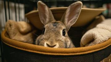 Adorable Rabbit Peeking Out From Cozy Basket Surrounded By Soft Blankets in a Warm Indoor Setting photo