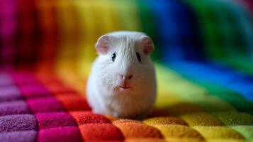 Adorable white guinea pig sitting on a colorful rainbow blanket with soft textures displaying vibrant hues and peaceful demeanor photo