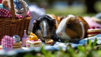 Cute Guinea Pigs Enjoying a Sunny Picnic with Treats and Colorful Decorations in a Lush Outdoor Setting photo