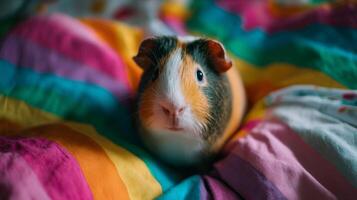 Cute and Playful Guinea Pig Resting on Colorful Bedspread with Vibrant Patterns and Soft Textile Texture photo