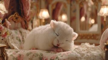 Adorable white kitten sleeping peacefully on a floral-patterned bed in a luxurious and elegant interior setting photo