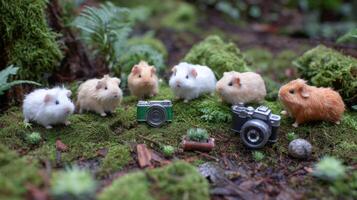 Adorable miniature hamsters gathered around tiny cameras in a lush forest setting bursting with greenery and natural beauty photo