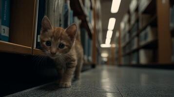 Curious ginger kitten exploring quiet library aisle between shelves filled with books in serene environment photo