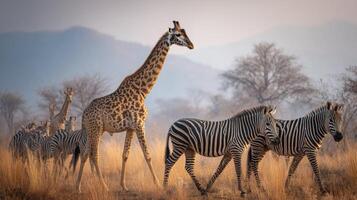 Giraffe and Zebras Walking Together in a Safari Landscape with Soft Light and Mountain Background at Dusk photo