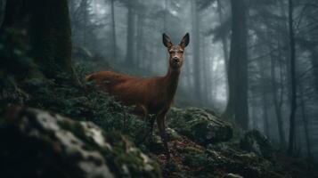 Serene Deer Standing in Misty Forest Surrounded by Mysterious Fog and Lush Greenery at Dawn photo