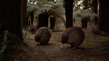 Two echidnas foraging in a lush forest, surrounded by ferns, under soft lighting during dusk in a serene natural habitat photo