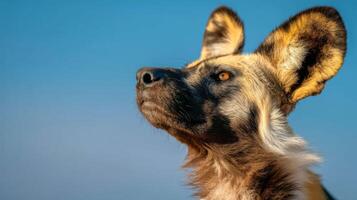 Majestic African Wild Dog Portrait Against a Clear Blue Sky Showcasing Unique Features and Vibrant Colors of the Species photo