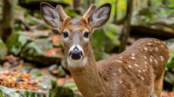 Close-Up of a Young Deer Staring Curiously in a Forest with Rocky Terrain and Vibrant Green Foliage Surrounding It photo