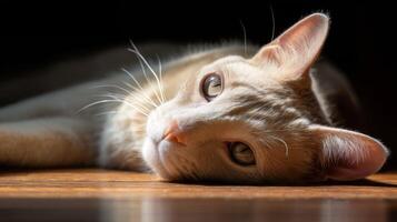 Relaxed cat lying on wooden floor with sunlight casting soft shadows and highlighting its beautiful fur and expressive eyes photo