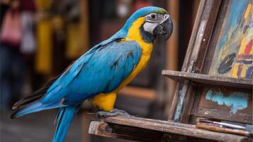 Vibrant Blue and Yellow Parrot Observing Art on an Easel in a Colorful Outdoor Setting photo